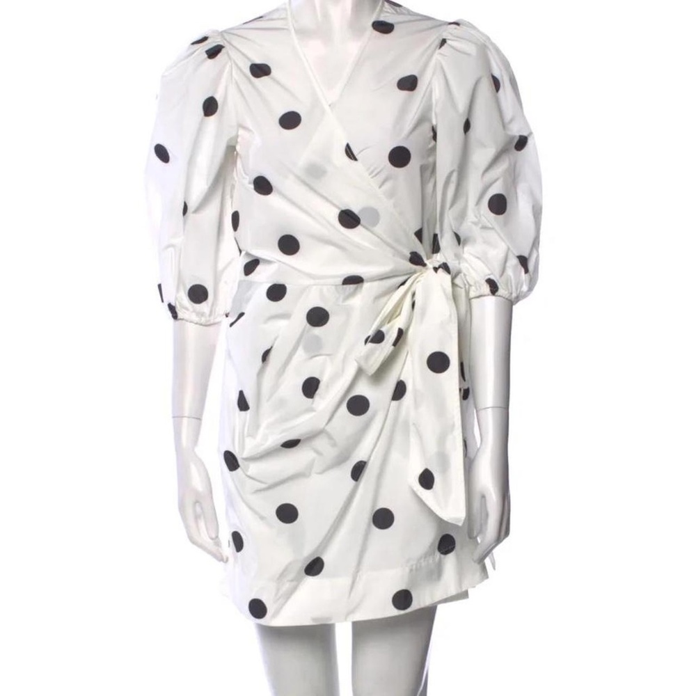 GANNI polka dot mini wrap dress black white puff sleeve M 6